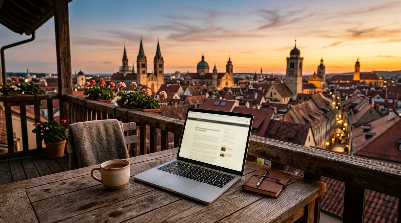 Laptop on a balcony overlooking a European old town at sunset