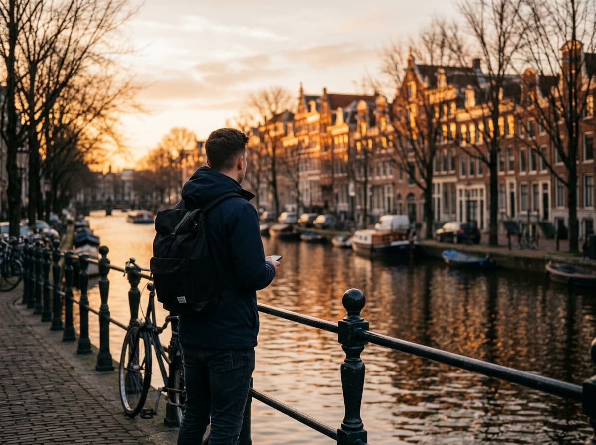 Person looking at canal houses in Amsterdam at sunset, where Resumelyn is based